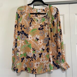 Cabi Long Sleeve Peach Navy Floral V Neck Sheer Blouse Size Medium